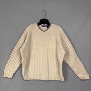 Vintage Structure Sweater Mens Medium Beige Ribbed Knit V-Neck Cotton 90s